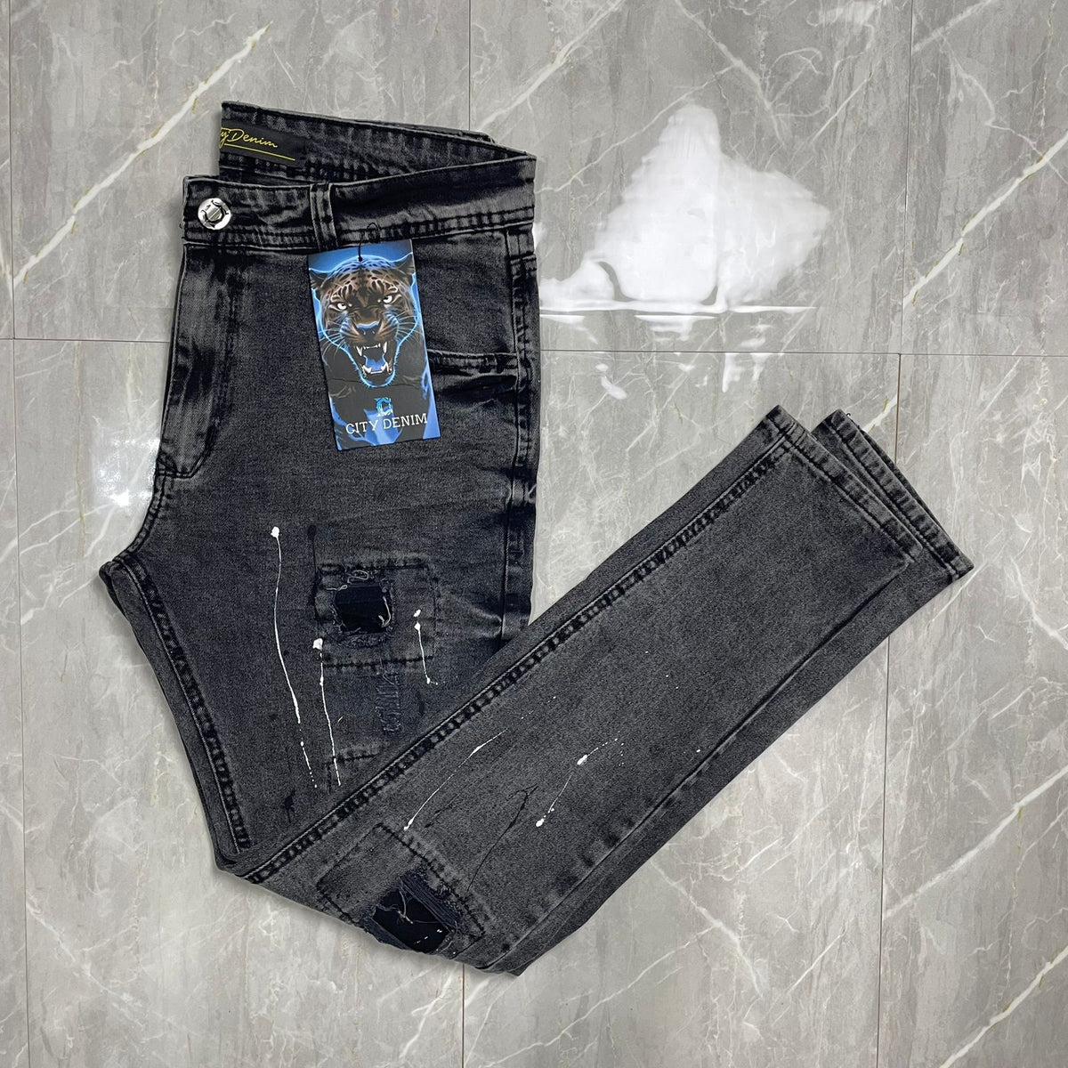 Calça Jeans Jogador City Denim Rasgo com Tinta Preto Grafite
