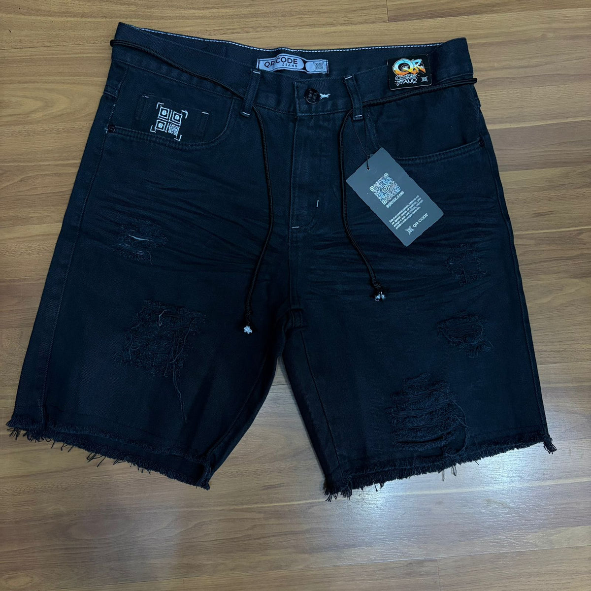 Bermuda Jeans Jogador Qr Code Grafite Cordão Preto Destroyed