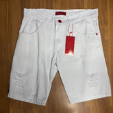 Bermuda Jeans Jogador Tung Branca Rasgada Botão Vermelho