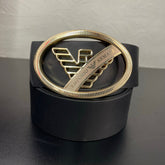 Cinto Premium Emporio Armani Preto em Couro com Fivela Águia em Anel Dourada