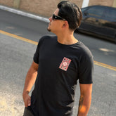 Camiseta Grife Casablanca Preta com Estampa Patch Quadrado no Peito em Vermelho e Branco