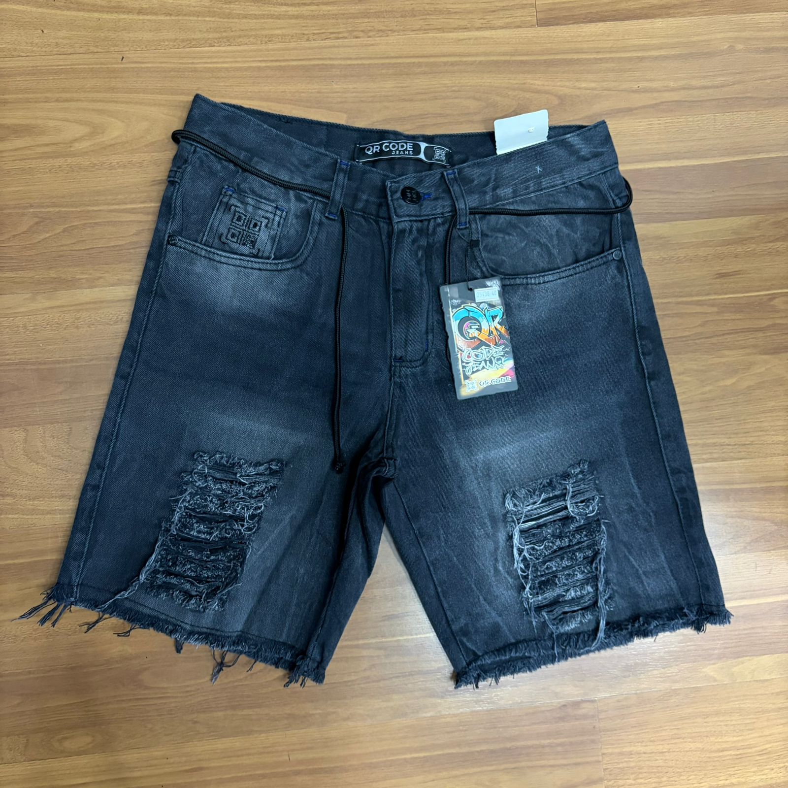 Bermuda Jeans Jogador Qr Code Cinza Destroyed Cordão Preto