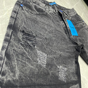 Bermuda Jeans Rasgado Tung Cinza Botão Azul