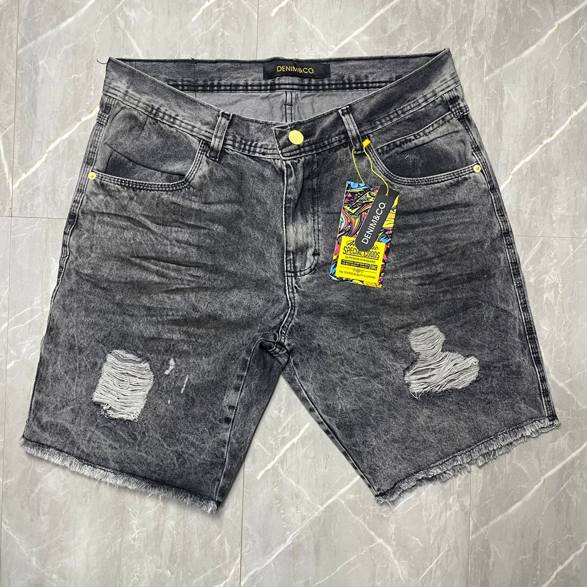 Bermuda Jeans Rasgado Denim&Co Cinza Botão Amarelo