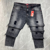 Calça Jeans Jogador XM Cinza Escuro Botão Vermelho