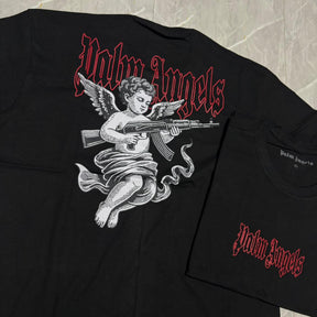 Camiseta Grife Palm Angels Preta com Estampa de Anjo e Logo Gótico