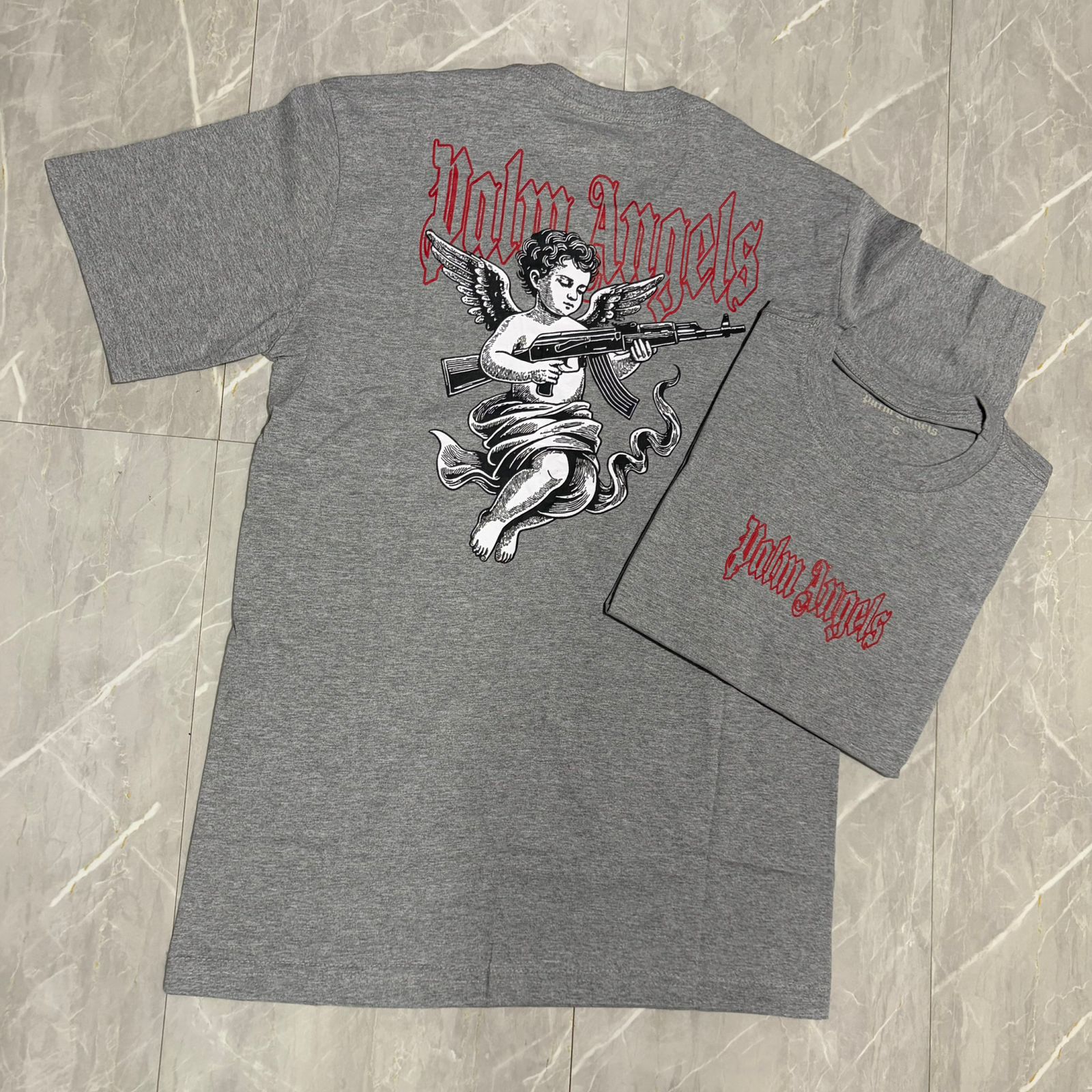 Camiseta Grife Palm Angels Cinza Mescla com Logo Gótico Bordado Vermelho