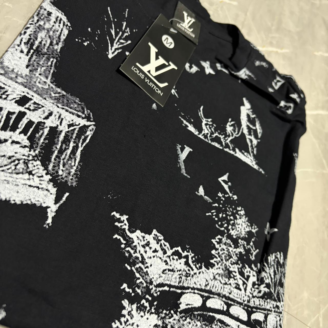 Camiseta Grife LOUIS VUITTON Preta com Estampa Toile de Jouy Branca