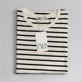 Camiseta Grife ZARA Off-White Listrada Clássica Estilo Breton