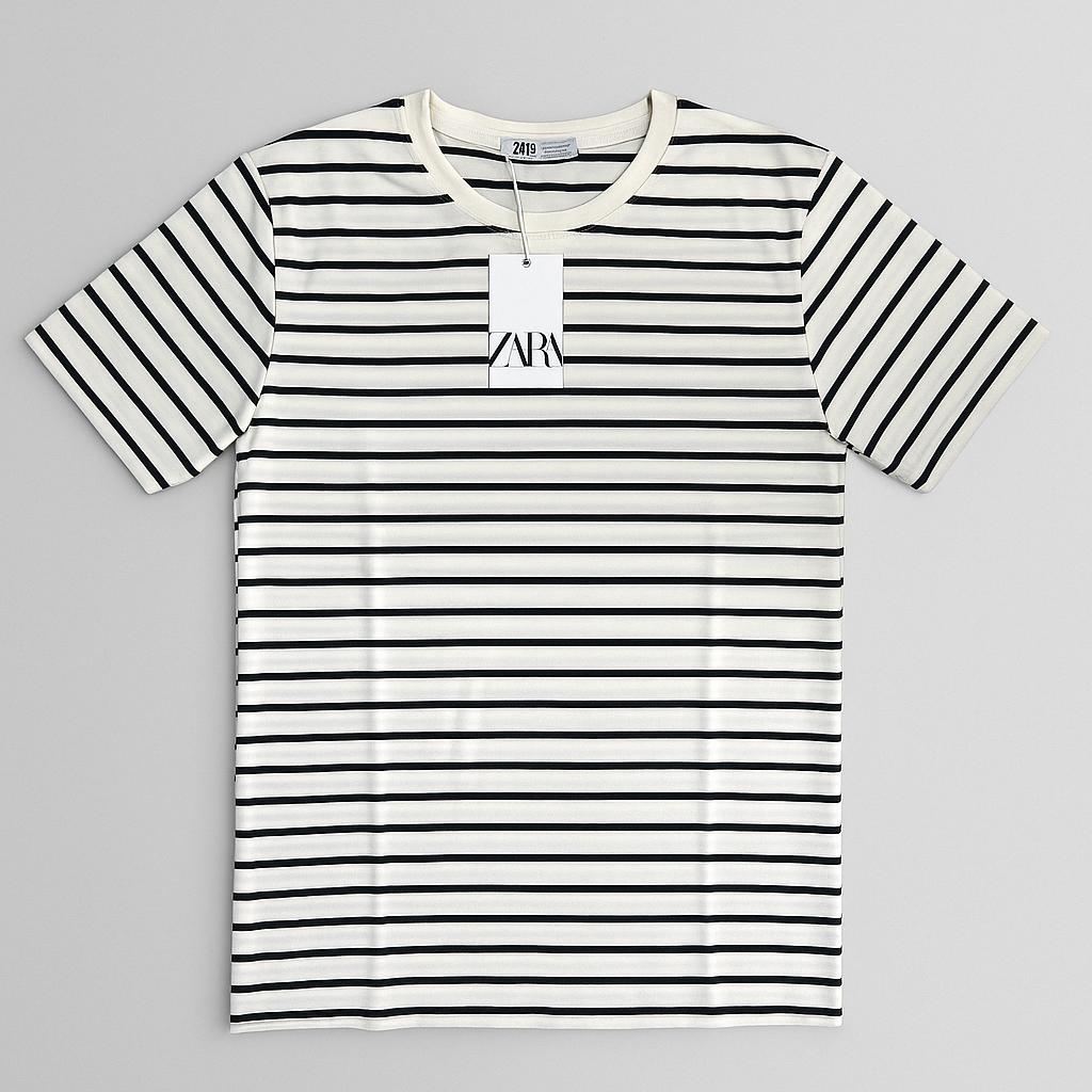 Camiseta Grife ZARA Off-White Listrada Clássica Estilo Breton