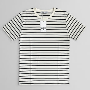 Camiseta Grife ZARA Off-White Listrada Clássica Estilo Breton