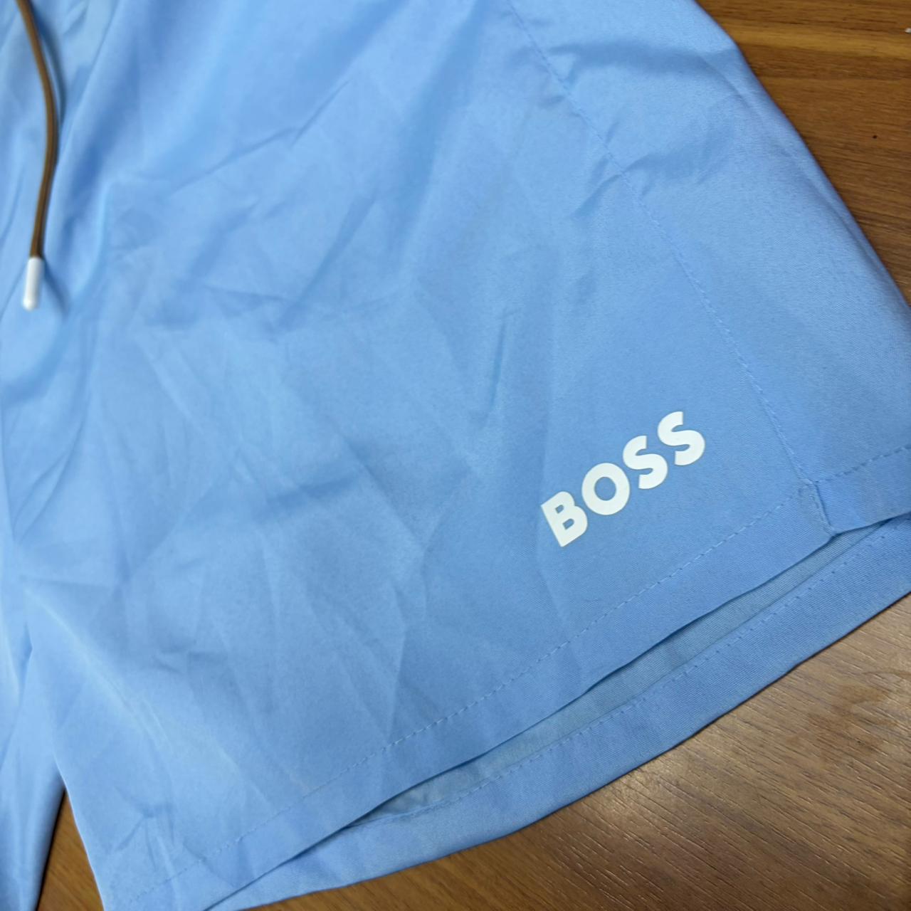 Shorts Grife BOSS Azul Bebê de Banho/Praia com Cós Listrado e Secagem Rápida