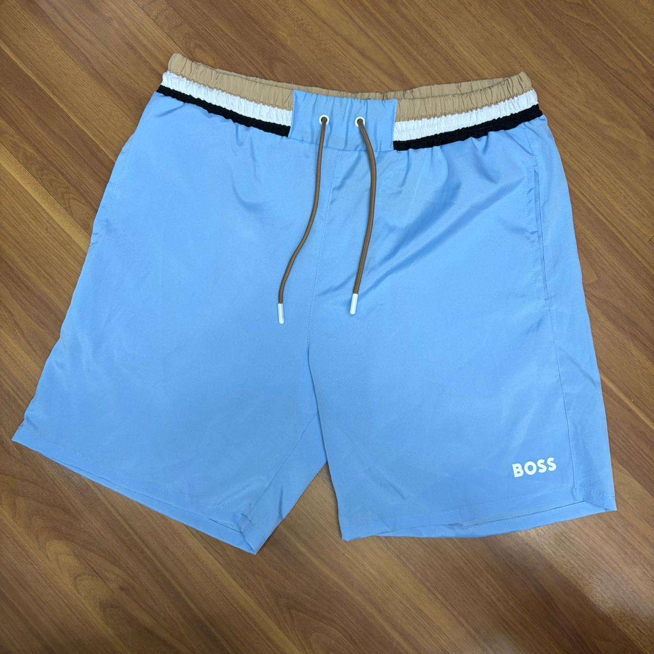 Shorts Grife BOSS Azul Bebê de Banho/Praia com Cós Listrado e Secagem Rápida